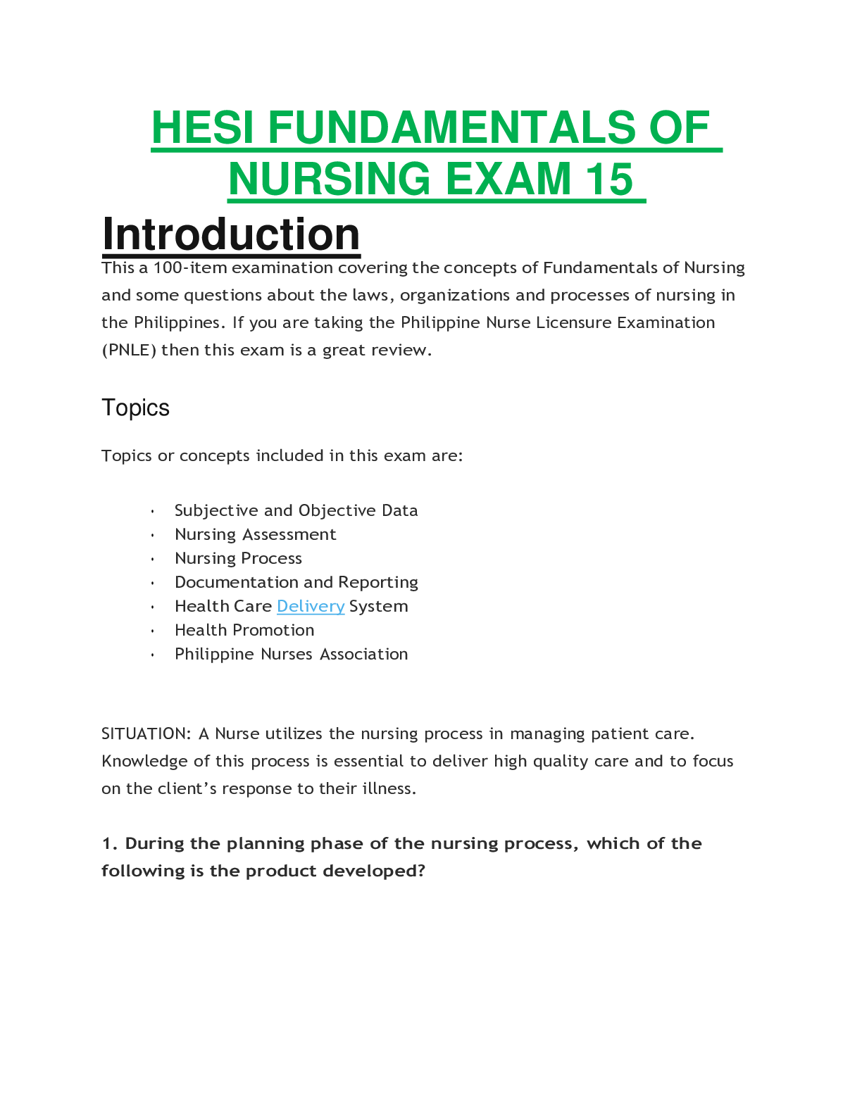 Preview image for HESI FUNDAMENTALS OF NURSING EXAM 15; NLE PRE BOARDS COMPLETE GUIDE SOLUTION RATED A